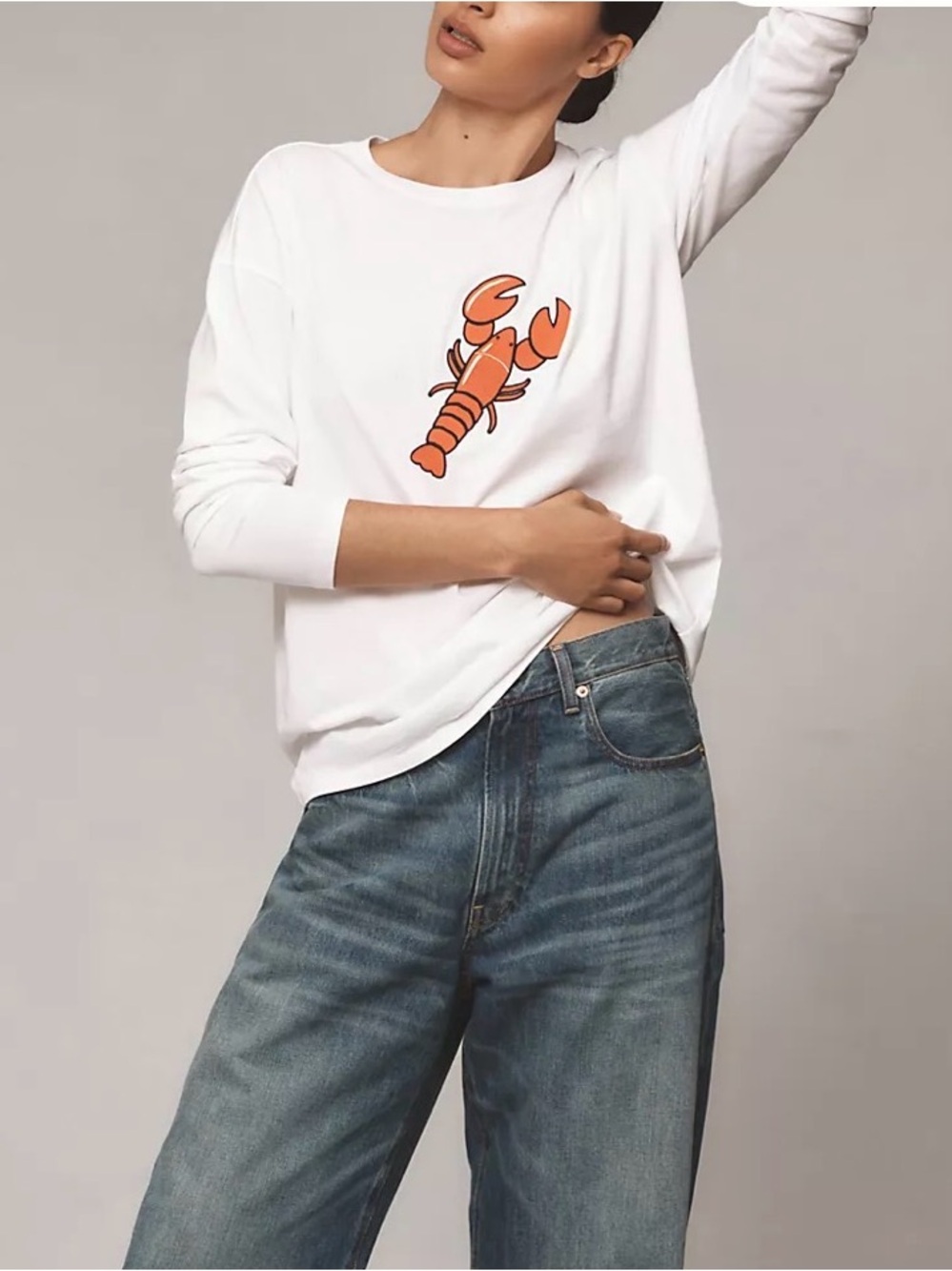 Anthropologie KULE The Boyfriend Lobster Long-Sleeve White Tee Sz Medium/Large